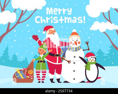 Merry christmas characters poster. Xmas animals in frozen forest, cute santa claus and penguin. Holiday wildlife landscape decent vector card. Illustration of happy holiday banner at christmas. Merry christmas characters poster. Xmas animals in frozen forest, cute santa claus and penguin. Holiday wildlife landscape decent vector card Stock Vector