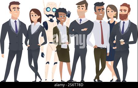 Business team portrait. Modern office group, managers and robot. Happy men women in suits vector characters. Robot technology, people teamwork and ai illustration. Business team portrait. Modern office group, managers and robot. Happy men women in suits vector characters Stock Vector