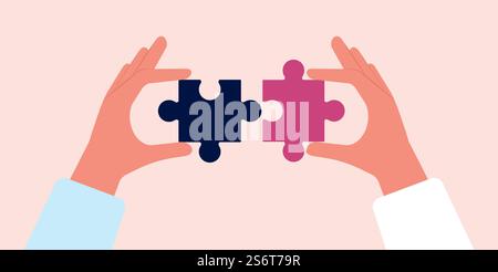Collect puzzles. Hands holding puzzle pieces. Parts connect, collaboration or business cooperation metaphor. Teamwork vector concept. Illustration puzzle of business, solution teamwork. Collect puzzles. Hands holding puzzle pieces. Parts connect, collaboration or business cooperation metaphor. Teamwork vector concept Stock Vector