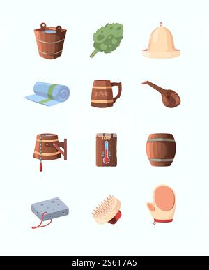 Russian sauna. Objects for bathing and relaxing broom hat spa items garish vector wooden sauna in cartoon style. Illustration item for bathhouse and bathroom. Russian sauna. Objects for bathing and relaxing broom hat spa items garish vector wooden sauna in cartoon style Stock Vector