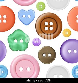 Tailor pattern. Colored buttons with thread sewing fabric textile seamless background design for fashioned clothes decent vector template. Illustration tailor pattern, thread and handiwork. Tailor pattern. Colored buttons with thread sewing fabric textile seamless background design for fashioned clothes decent vector template Stock Vector