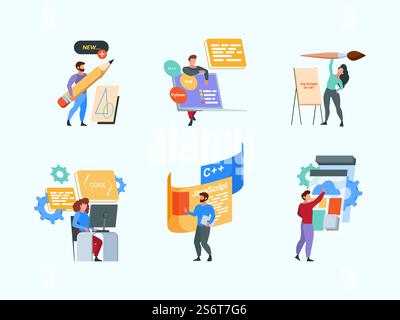 Programmers. Coworking freelancers young persons coders designers laptop working open space technology garish vector flat characters. Illustration office programmer, freelance at workplace. Programmers. Coworking freelancers young persons coders designers laptop working open space technology garish vector flat characters Stock Vector