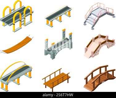 Isometric bridges. Urban architectural objects highway for automobiles and railway across water park bridges vector illustrations set. Modern bridge suspension, infrastructure of traffic connection. Isometric bridges. Urban architectural objects highway for automobiles and railway across water park bridges garish vector illustrations set Stock Vector