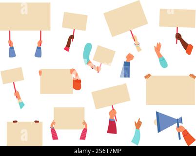 Hands hold placards. Hand sign, worker with blank protest banner. Peace symbol, arm holding megaphone. Flat demonstration decent vector posters. Placard in hand for message, riot protest illustration. Hands hold placards. Hand sign, worker with blank protest banner. Peace symbol, arm holding megaphone. Flat demonstration decent vector posters Stock Vector