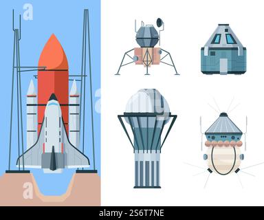 Astronomy set. Exploring universe science shuttle telescope planetarium astronomical buildings antena radio garish vector flat pictures set. Astronomy explore rocket and spaceship illustration. Astronomy set. Exploring universe science collection shuttle telescope planetarium astronomical buildings antena radio garish vector flat pictures set Stock Vector
