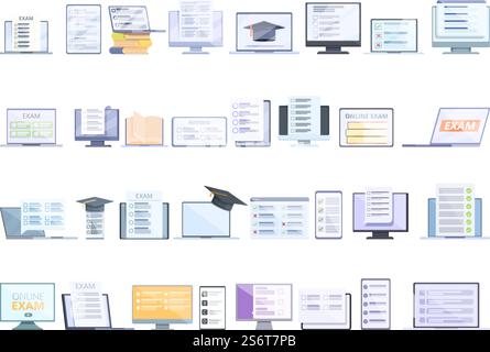 Online exam icons set cartoon vector. Class study. Exam test. Online exam icons set cartoon vector. Class study Stock Vector