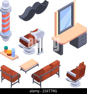 Barber shop isometric. Professional stylist workers shaving hair and beard items hairbrush razor garish vector beauty salon illustrations collection. Barber salon, business barbershop furniture. Barber shop isometric. Professional stylist workers shaving hair and beard items hairbrush razor garish vector beauty salon illustrations collection Stock Vector