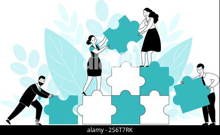 Office people with puzzle. Team cooperate concept, creative work and building business ideas. Flat person, corporate partners decent vector characters. Illustration office partnership, teamwork puzzle. Office people with puzzle. Team cooperate concept, creative work and building business ideas. Flat person, corporate partners decent vector characters Stock Vector