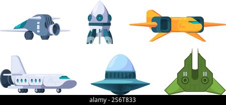 Spaceship. Ufo and rockets space travel universe shuttles garish vector futuristic jet plane illustrations in cartoon style. Rocket and spaceship, spacecraft and shuttle. Spaceship. Ufo and rockets space travel universe shuttles garish vector futuristic jet plane illustrations in cartoon style Stock Vector