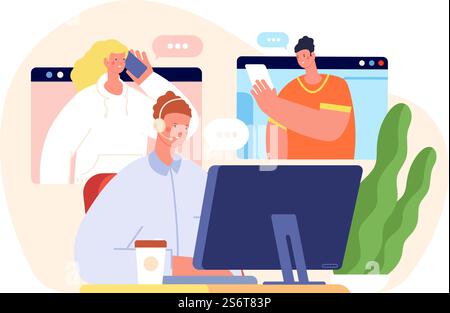 Customer support concept. Office help services, virtual computer operator. Online agent talking and supporting clients, flat vector concept. Illustration business customer, support and help service. Customer support concept. Office help services, virtual computer operator. Online agent talking and supporting clients, flat utter vector concept Stock Vector