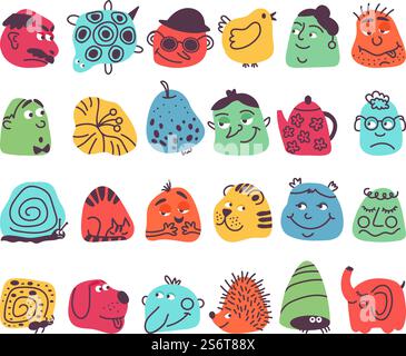 Comic abstract faces. Funny icons, avatars character collage. Bright cute creative logo, cartoon dynamic shapes decent vector set. Colored form different, elephant animal and dog face illustration. Comic abstract faces. Funny icons, avatars character collage. Bright cute creative logo, cartoon different dynamic shapes decent vector set Stock Vector