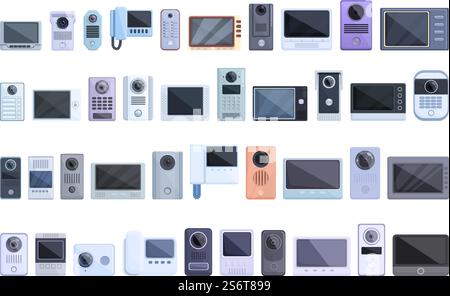 Video intercom icons set cartoon vector. Door phone. Bell alarm button. Video intercom icons set cartoon vector. Door phone Stock Vector