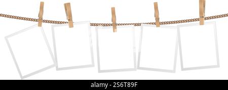 Realistic photo frames. Frame hanging on wooden clothespins on rope. Modern stylish for interior design, isolated scandinavian home accessory vector template. Illustration blank empty photo picture. Realistic photo frames. Frame hanging on wooden clothespins on rope. Modern stylish decorative element for interior design, isolated scandinavian home accessory vector template Stock Vector