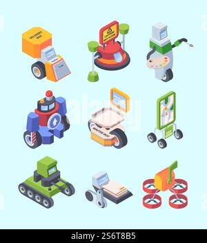 Professional robots. Bot helpers for people smart professions teacher cook artist doctor support systems garish vector isometric set. Illustration robot intelligence for army, drone artist and waiter. Professional robots. Bot helpers for people smart androids professions teacher cook artist doctor support systems garish vector isometric set Stock Vector