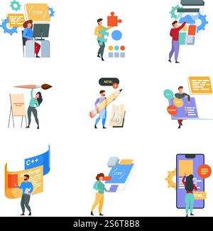 Professional programmers. Freelancers outdoor working laptop coding and programing script writing web technologies geek characters vector. Professional programmer programming software at workplace. Professional programmers. Freelancers outdoor working laptop coding and programing script writing web technologies geek characters garish vector flat pictures Stock Vector