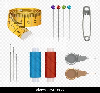 Sewing realistic. Measure tape needles threads for fashioned clothes production fabric textile sewing equipment vector set. Tailor and sewing, needlework hobby, tailoring and dressmaking illustration. Sewing realistic. Measure tape needles colored threads for fashioned clothes production fabric textile sewing equipment decent vector collection set Stock Vector