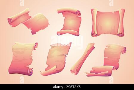 Old parchment. Vintage historical treasure blank ancient papyrus scrolls paper exact vector cartoon illustrations set. Paper parchment texture, scroll manuscript, antique papyrus. Old parchment. Vintage historical treasure blank ancient papyrus scrolls paper exact vector cartoon illustrations set Stock Vector