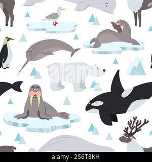 Arctic animals pattern. Children animal antarctic, north polar wildlife background. Nordic ocean whale, seal on ice vector seamless. Texture mascot reindeer and wildlife bird and seal illustration. Arctic animals pattern. Children animal antarctic print, north polar wildlife background. Nordic ocean whale, seal on ice decent vector seamless texture Stock Vector