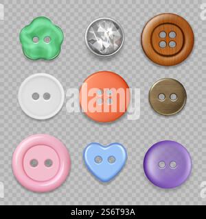 Tailor buttons. Colored clothes buttons closeup textile accessories fabric fashioned craft round items decent vector realistic set. Different sewing button accessory, variety closeup form illustration. Tailor buttons. Colored clothes buttons closeup textile accessories fabric fashioned craft round items decent vector realistic pictures set Stock Vector