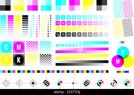 Cmyk marks. Colorful bars for color divices calibration printing house paper templates cyan yellow black garish vector illustrations collection. Color cmyk cross and swatch for printer. Cmyk marks. Colorful bars for color divices calibration printing house paper templates cyan yellow black garish vector illustrations collection Stock Vector