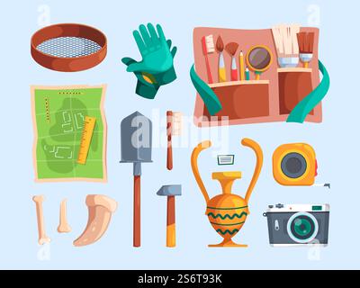 Archeology equipment. Adventure findings artifacts ancient items bones archeological brush magnifying glass antique stones and map vector cartoon. Archeology equipment, archaeological explorer tools. Archeology equipment. Adventure findings artifacts ancient items bones archeological brush magnifying glass antique stones and map garish vector cartoon set isolated Stock Vector