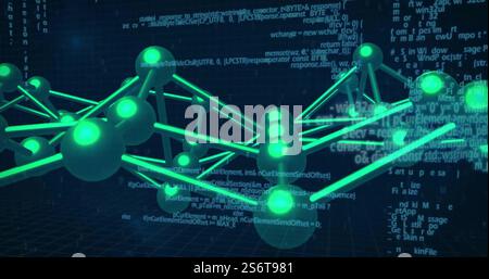 Image of dna strand, binary coding and data processing over black background Stock Photo