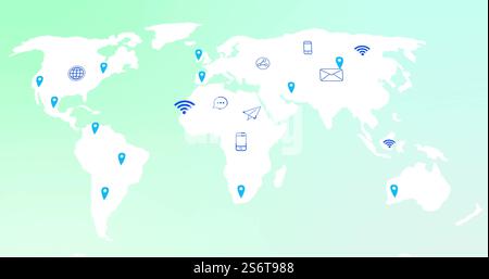 Image of digital icons over world map on green background Stock Photo
