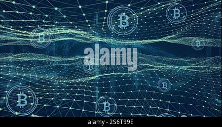 Bitcoin symbols and blockchain network image over digital landscape Stock Photo