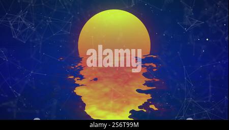 Cryptocurrency symbols and network connections over animated sunset Stock Photo