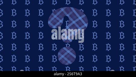 Question mark with plaid pattern over repeating Bitcoin symbols on dark background Stock Photo