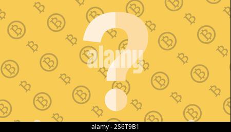 Question mark over Bitcoin symbols on yellow background Stock Photo