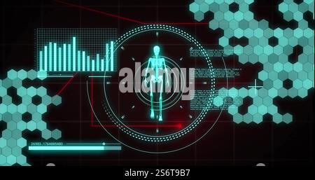 Image of digital data processing over human skeleton and scope scanning Stock Photo