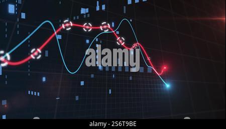 Red and blue fluctuating lines with data points over digital grid image Stock Photo