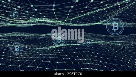 Bitcoin symbols and blockchain network image over digital landscape Stock Photo