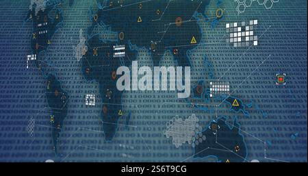 Binary code and network connections image over world map Stock Photo