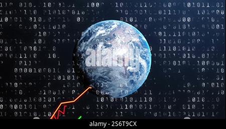 Financial charts and binary coding image over Earth, representing global data analysis Stock Photo