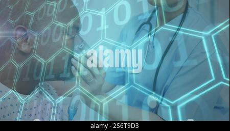 Image of binary coding data processing over diverse female doctor and male patient Stock Photo