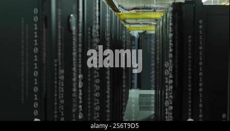 Binary code and communication icons image over data center servers Stock Photo