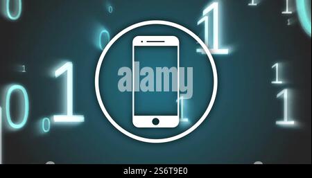 Smartphone icon with binary code image over dark blue background Stock Photo