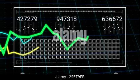 Green line graph and binary code image over digital grid background Stock Photo