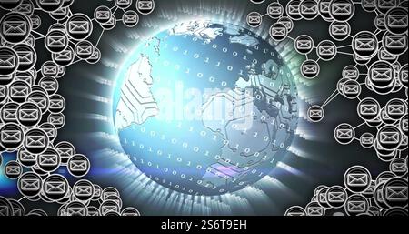 Binary code image over globe with network connections and data symbols Stock Photo