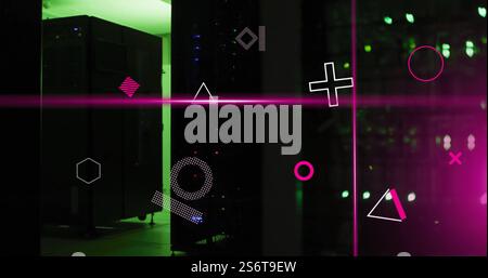 Geometric shapes and lines image over server room with green lighting Stock Photo
