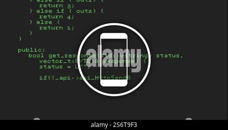 Smartphone icon over green programming code on black background Stock Photo