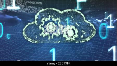 Cloud computing image with gears and binary code over digital grid background Stock Photo