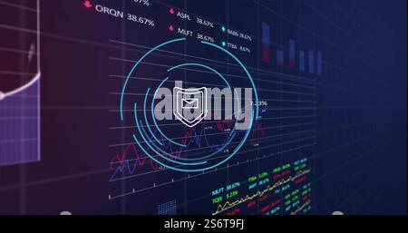 Shield icon and data charts, cybersecurity image over financial graphs Stock Photo