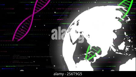 Image of dna strand and globe on black background Stock Photo