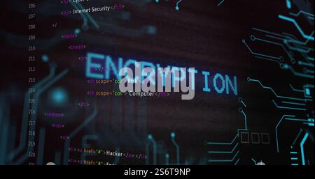 Image of encryption text over data processing on black background Stock Photo