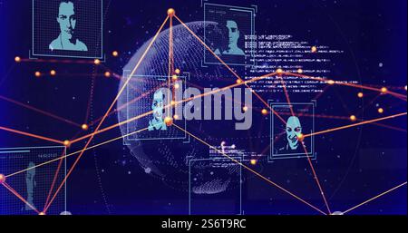 Image of connections and data processing with portraits over globe on black background Stock Photo