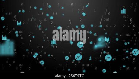Image of network of connections with icons over binary coding Stock Photo