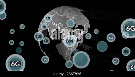 Image of 5g and 6g text and data processing over globe Stock Photo